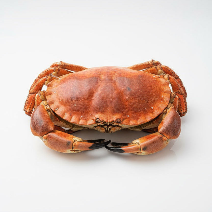 A whole Namibian crab on a dark surface, with a reddish-brown shell and visible meat inside.
