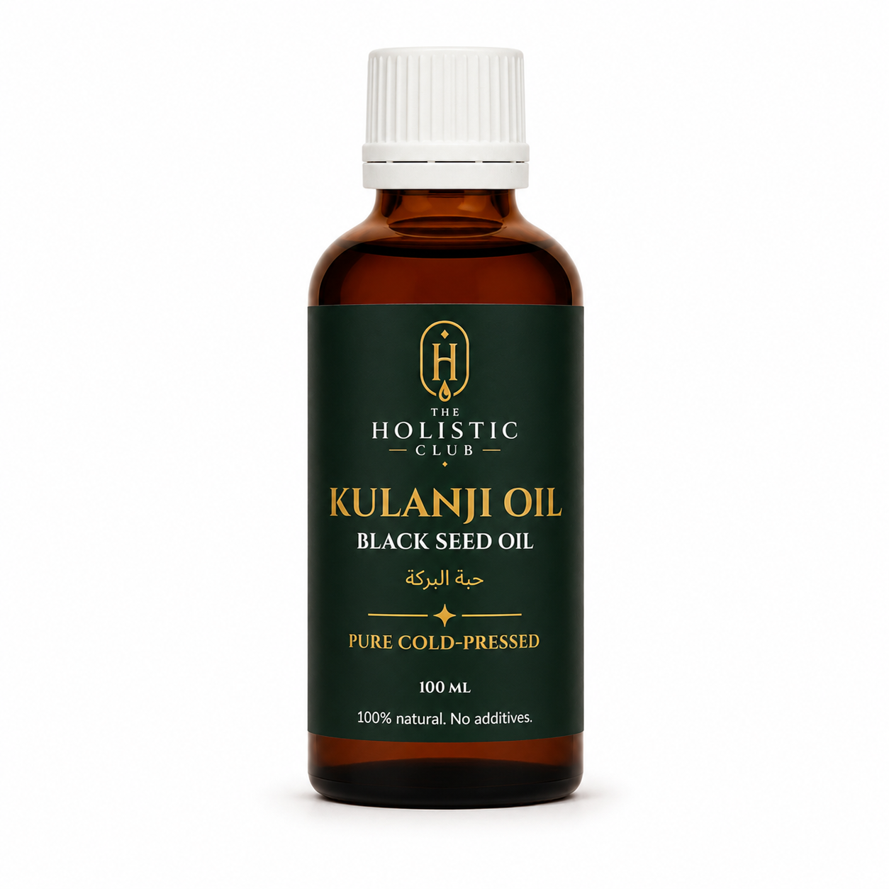 Bottle of 100ml Kulanji Oil from The Holistic Club on a white background
