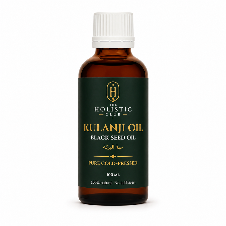 Bottle of 100ml Kulanji Oil from The Holistic Club on a white background