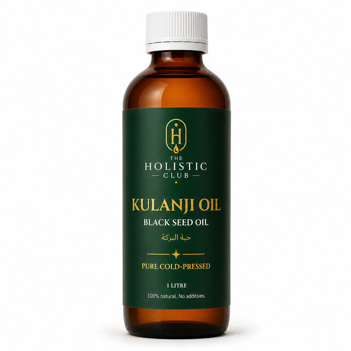Bottle of 1 litre Kulanji Oil from The Holistic Club on a white background