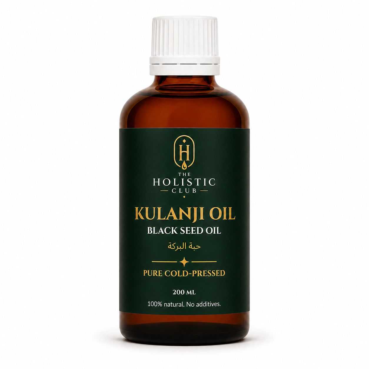 Bottle of Kulanji Oil from The Holistic Club on a white background