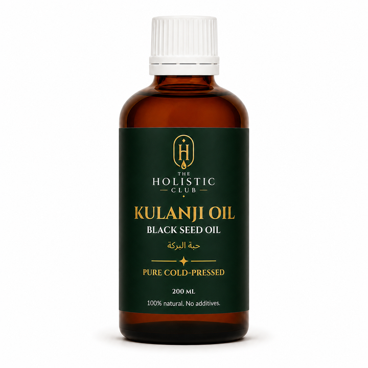Bottle of Kulanji Oil from The Holistic Club on a white background