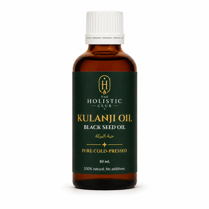 Bottle of Kulanji Oil 50ml from The Holistic Club on a white background