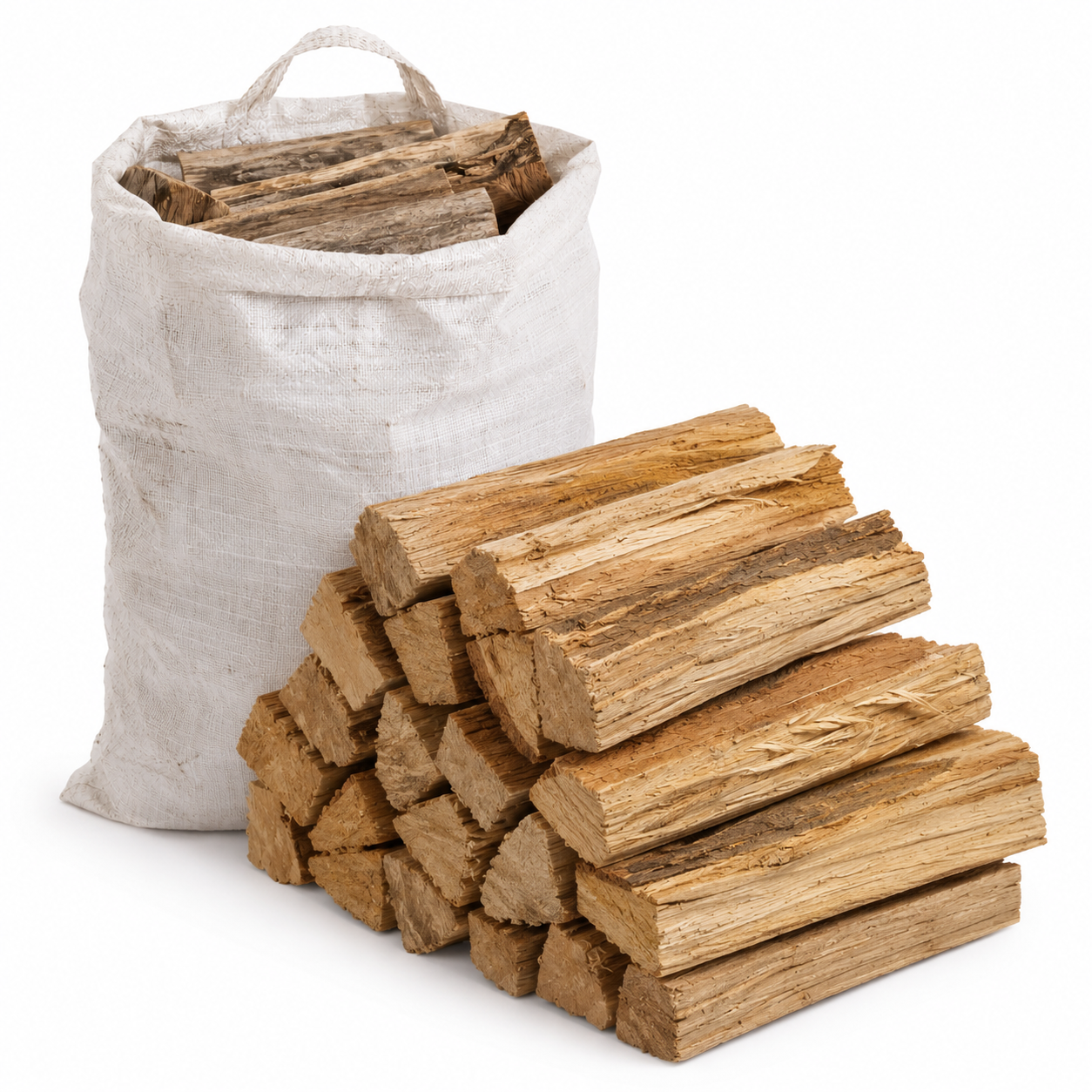 Stack of firewood with a white bag on a white background