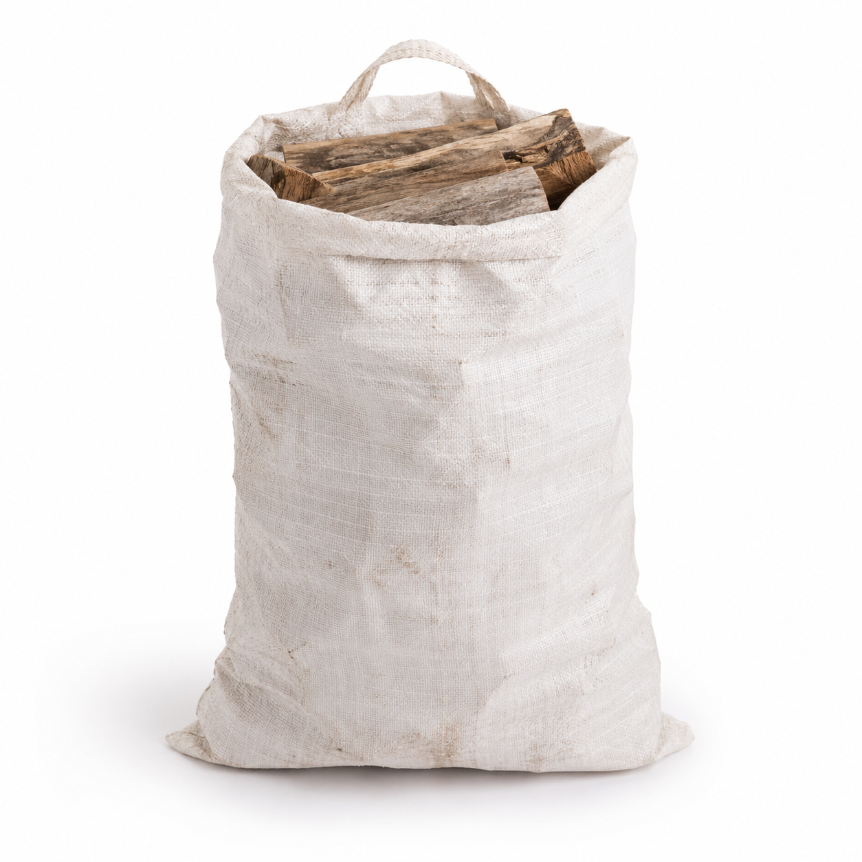 White sack filled with wooden logs on a white background