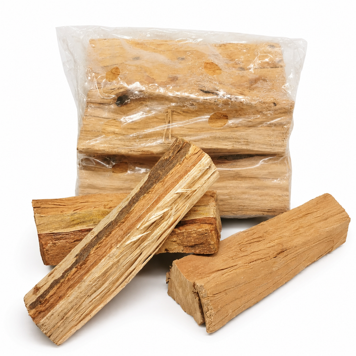Bluegum Wooden sticks in a clear plastic bag on a white background