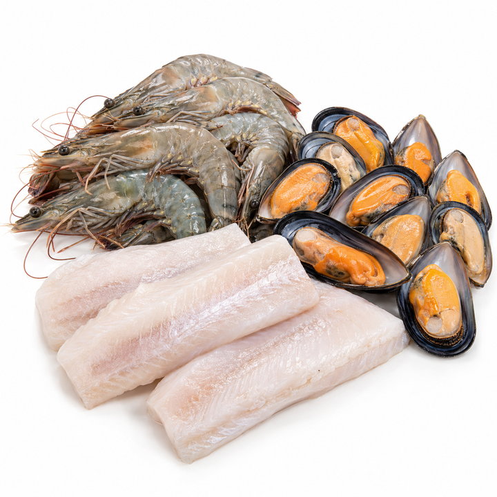 prawns, mussels, fish on a white commercial background