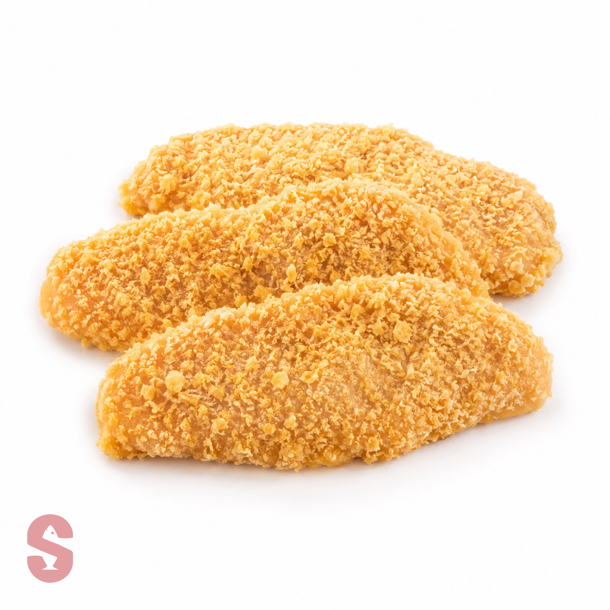 Three breaded chicken tenders on a white background