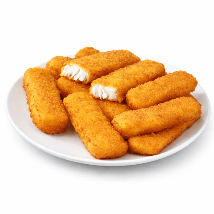 Platter of crumbed fish fingers on a white background
