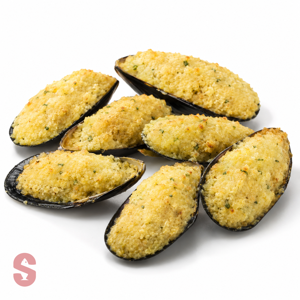 Baked mussels with breadcrumbs on a white background