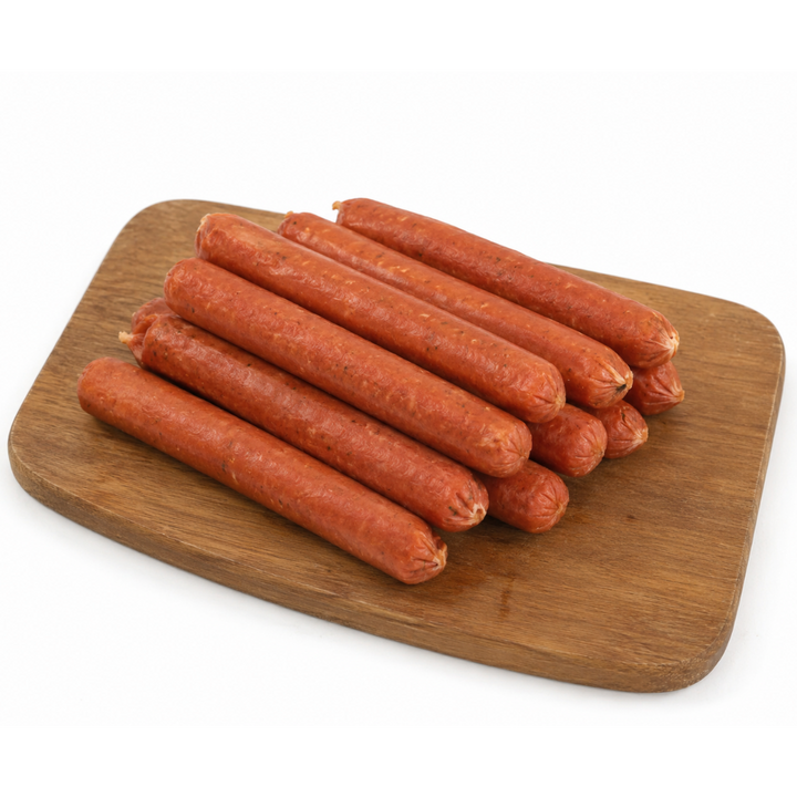 Wooden cutting board with raw sausages on a white background