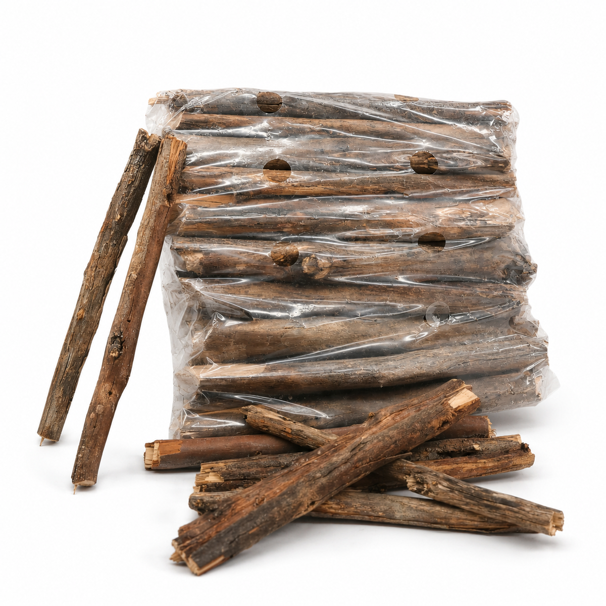 Stack of wooden sticks in a clear plastic bag on a white background