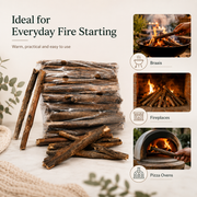Wooden fire starter with images of use in braais, fireplaces, and pizza ovens on a light background.