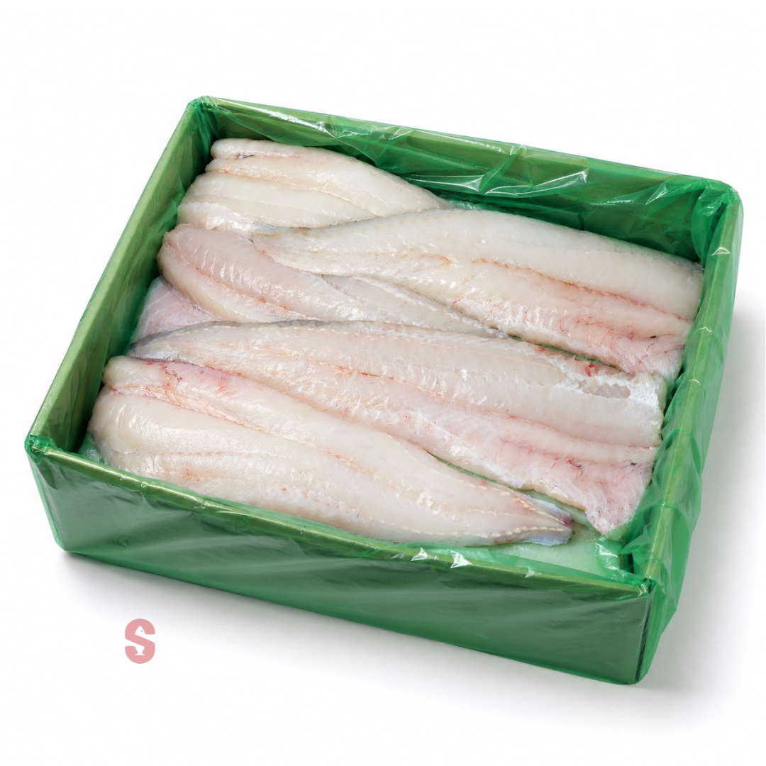 Packaged hake fish fillets in a box on a white background