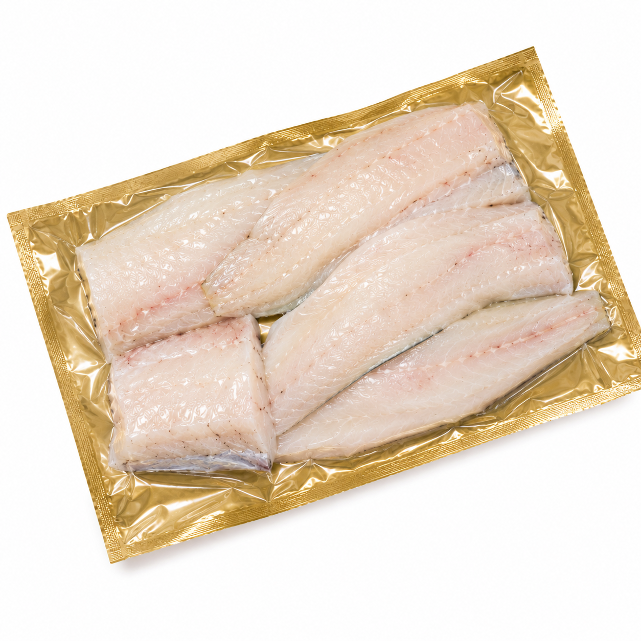 Packaged raw hake fish fillets in a gold vacuum sealed package with a white background