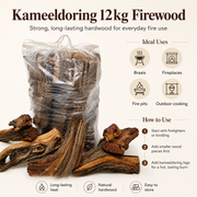 Bag of Kameeldoring firewood with usage instructions on a white background