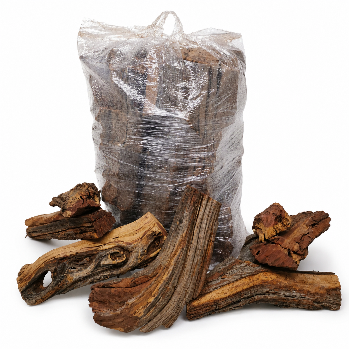 Bag of wood logs with some logs outside the bag on a white background