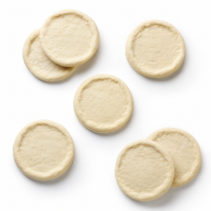 Six round, flat pieces of dough on a white background