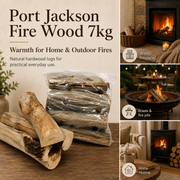 Port Jackson firewood packaging with images of fires in various settings.