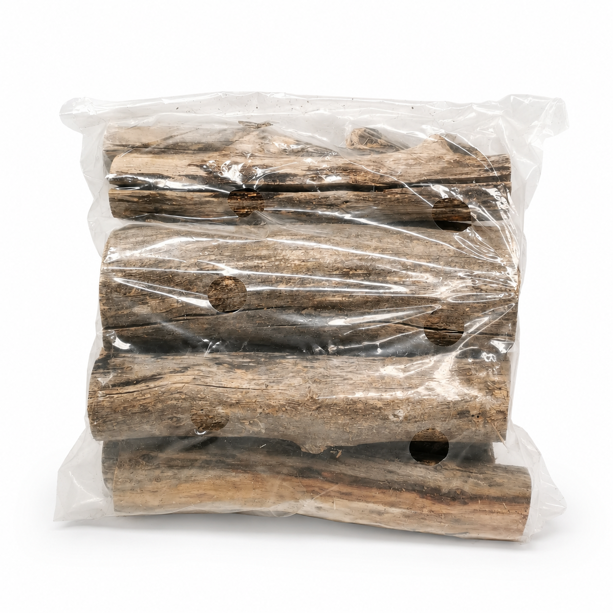 Stack of firewood logs wrapped in clear plastic on a white background