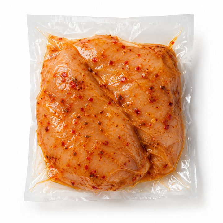 Marinated chicken breast in a vacuum-sealed package on a white background
