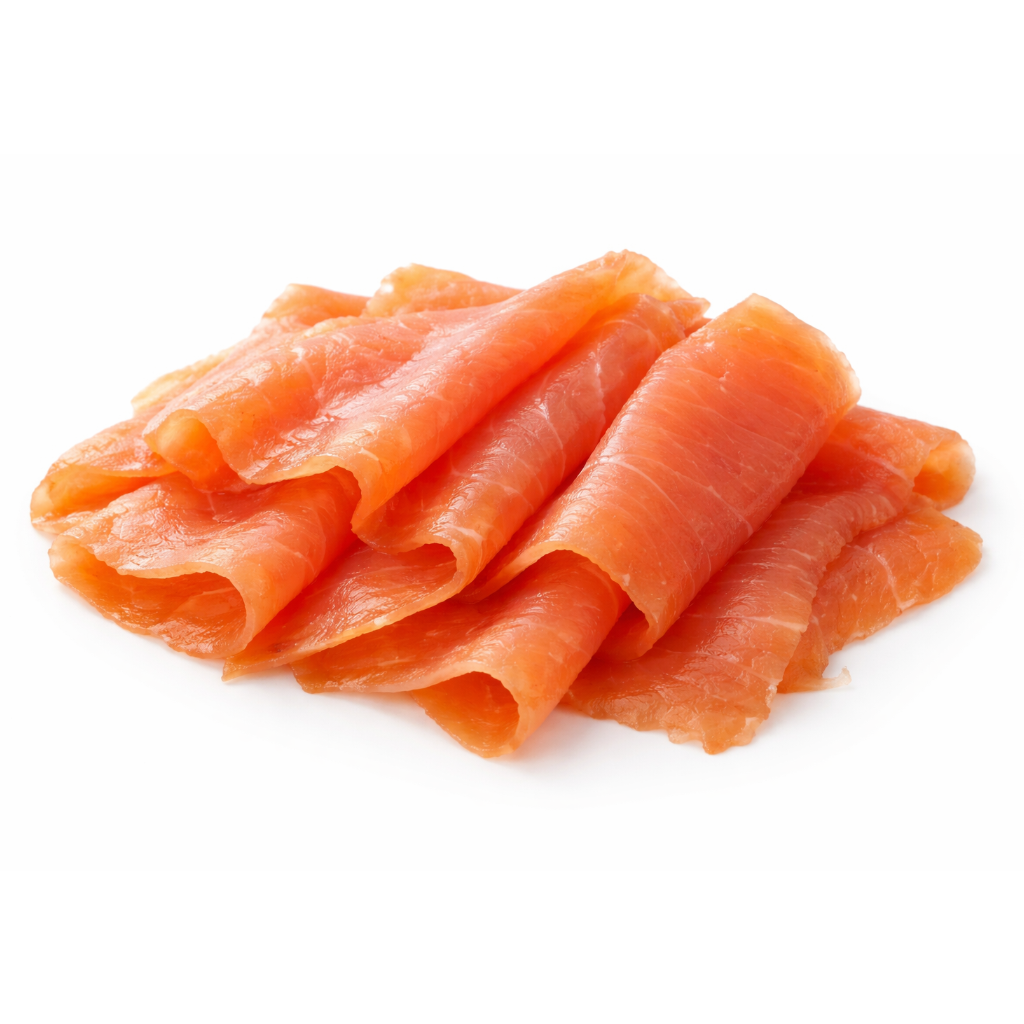 Raw salmon slices on a white background