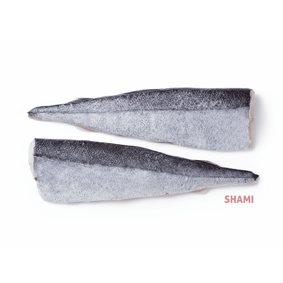 Two pieces of hake fish on a white background with 'SHAMI' branding.