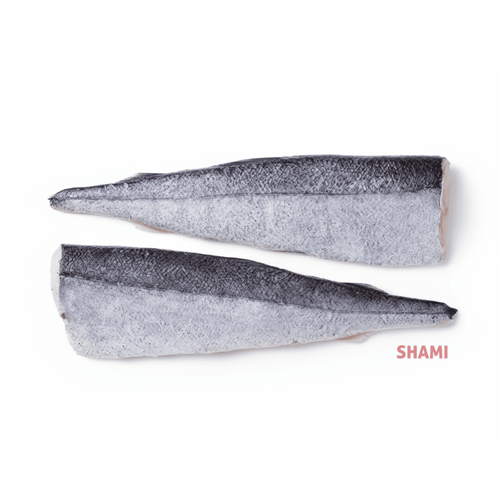Two pieces of hake fish on a white background with 'SHAMI' branding.