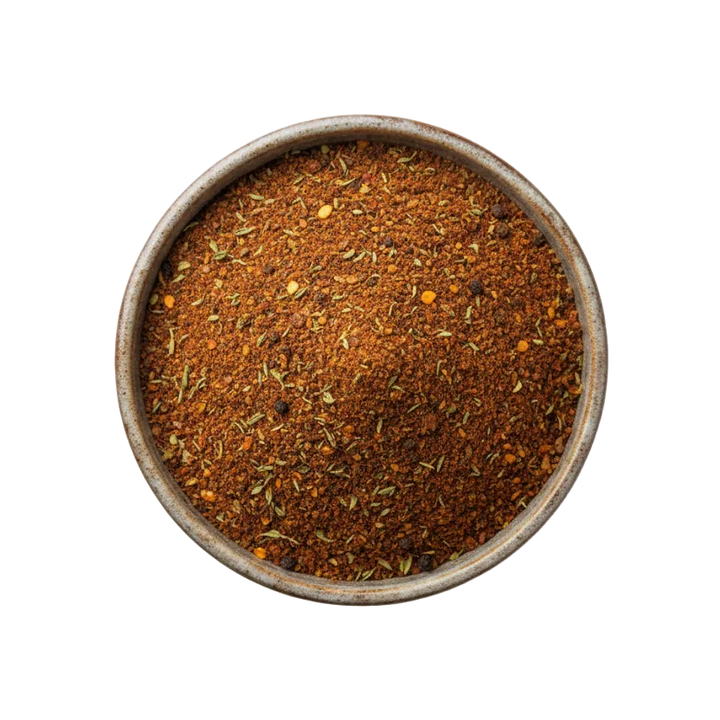 Spice blend in a metal bowl on a white background