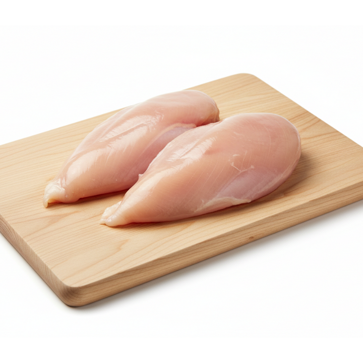 2 pieces of breast chicken fillets on a wooden board