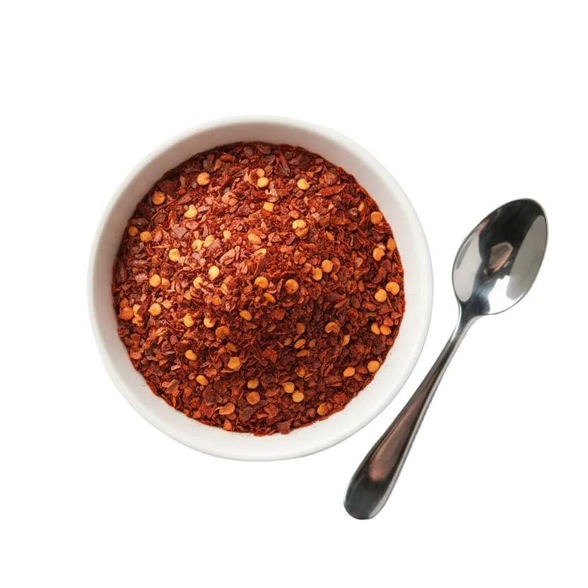 chilli flakes in a bowl with a plain background