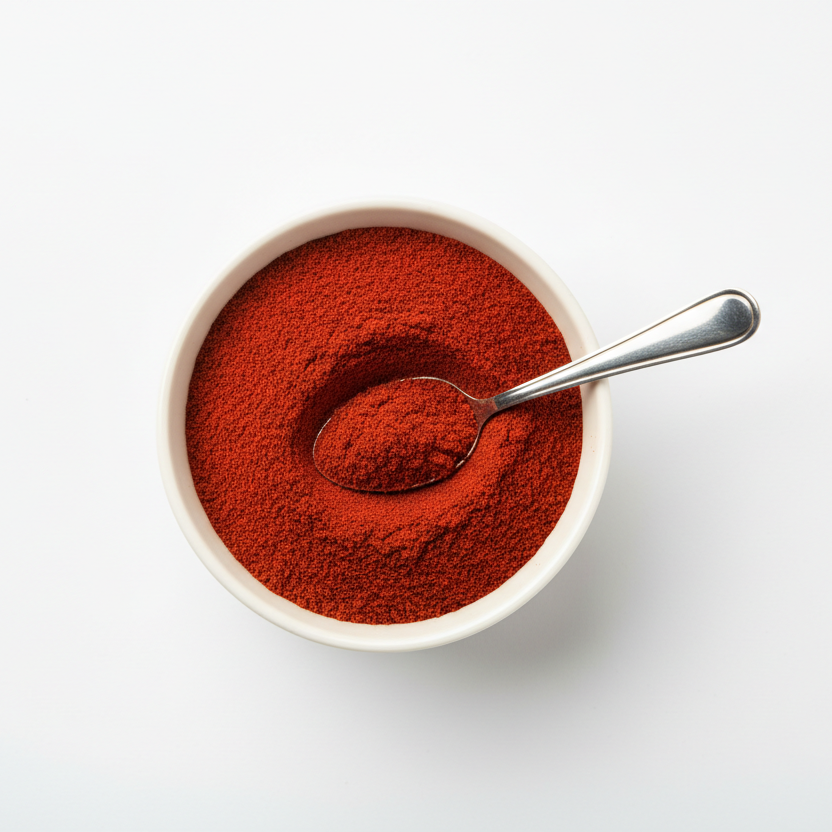 White bowl filled with red powder on a white background