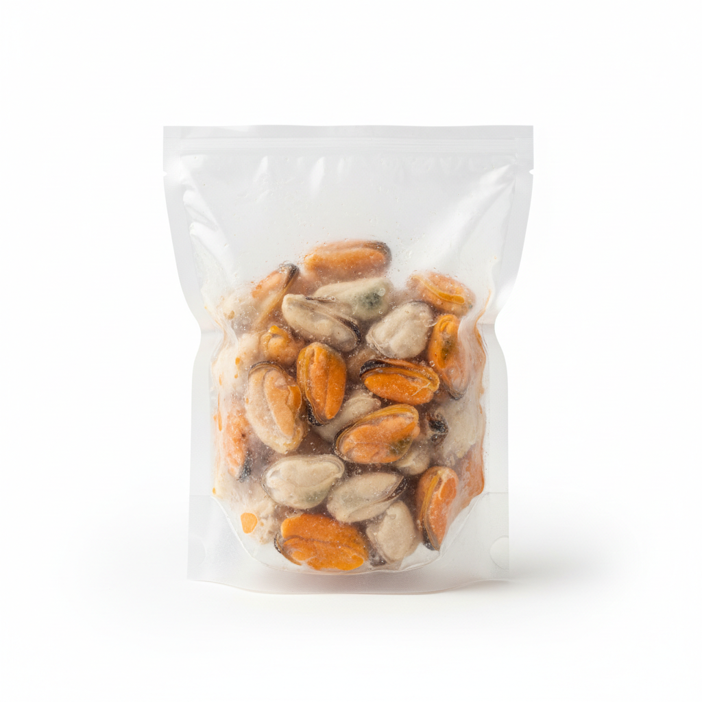 Clear plastic bag filled with a mix of roasted seeds on a white background