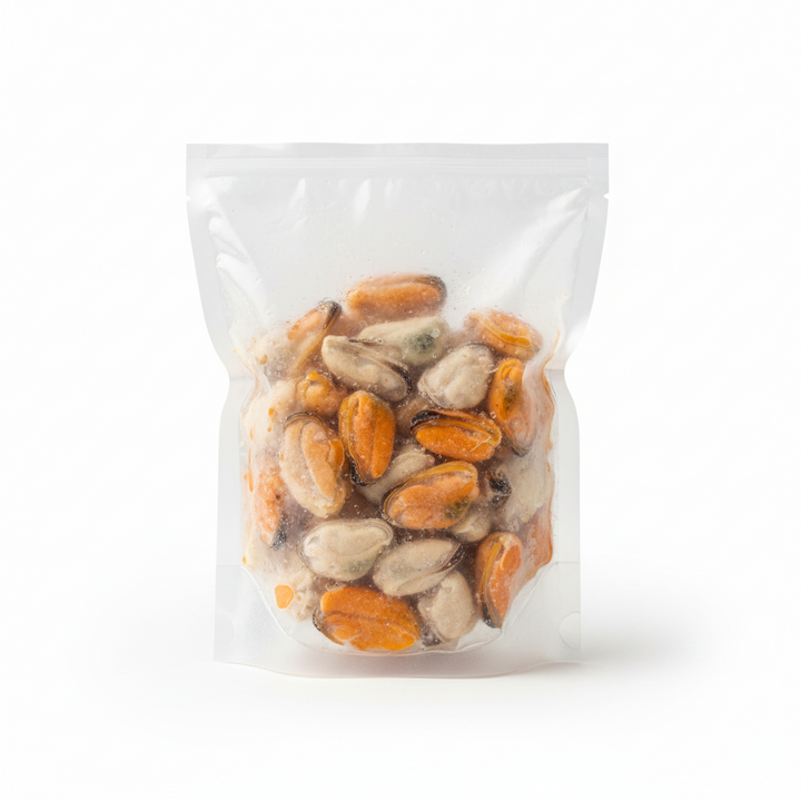 Clear plastic bag filled with a mix of roasted seeds on a white background