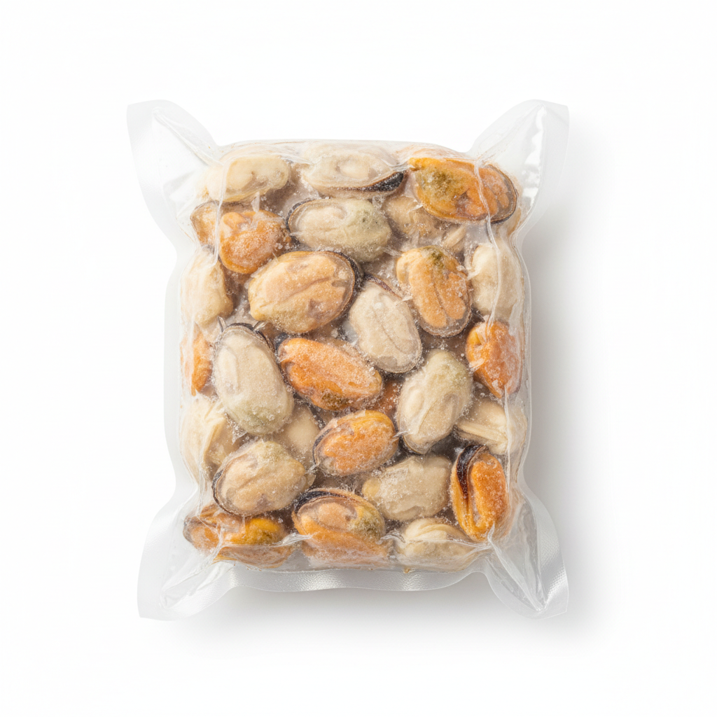 Packaged frozen mussel meat  on a white background