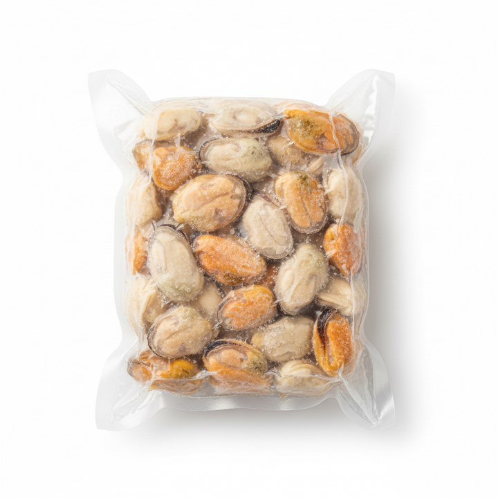Packaged frozen mussel meat  on a white background