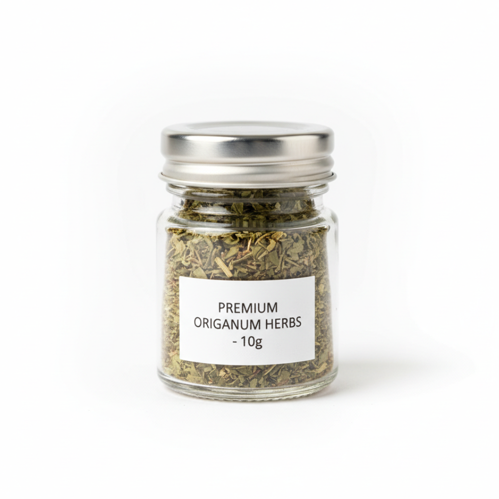 Jar of premium origanum herbs with a label on a white background