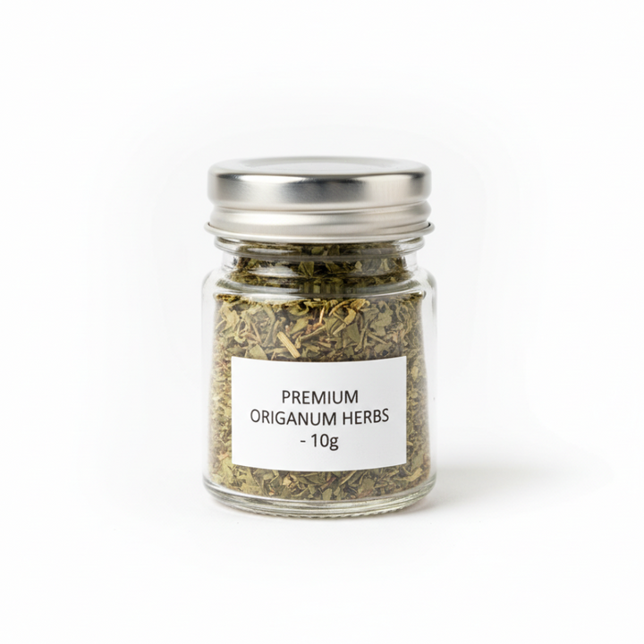 Jar of premium origanum herbs with a label on a white background