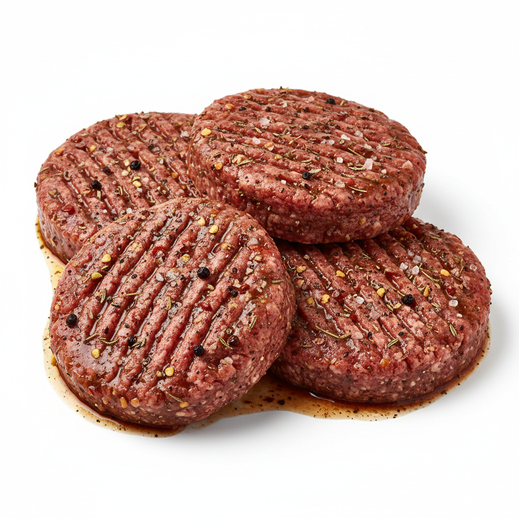 Four raw hamburger patties on a white background