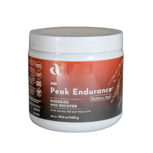 A container of AIM Peak Endurance Blueberry Acai energy gel, 300g size, with labeling that includes the product name and claims of 'Energize and Recover' with a '100% Day-Time Use' instruction.