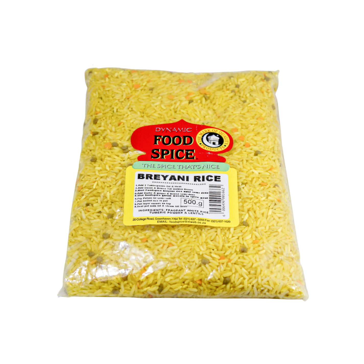 Packaged Breyani Rice 500g, with branding and product visible through the clear plastic.