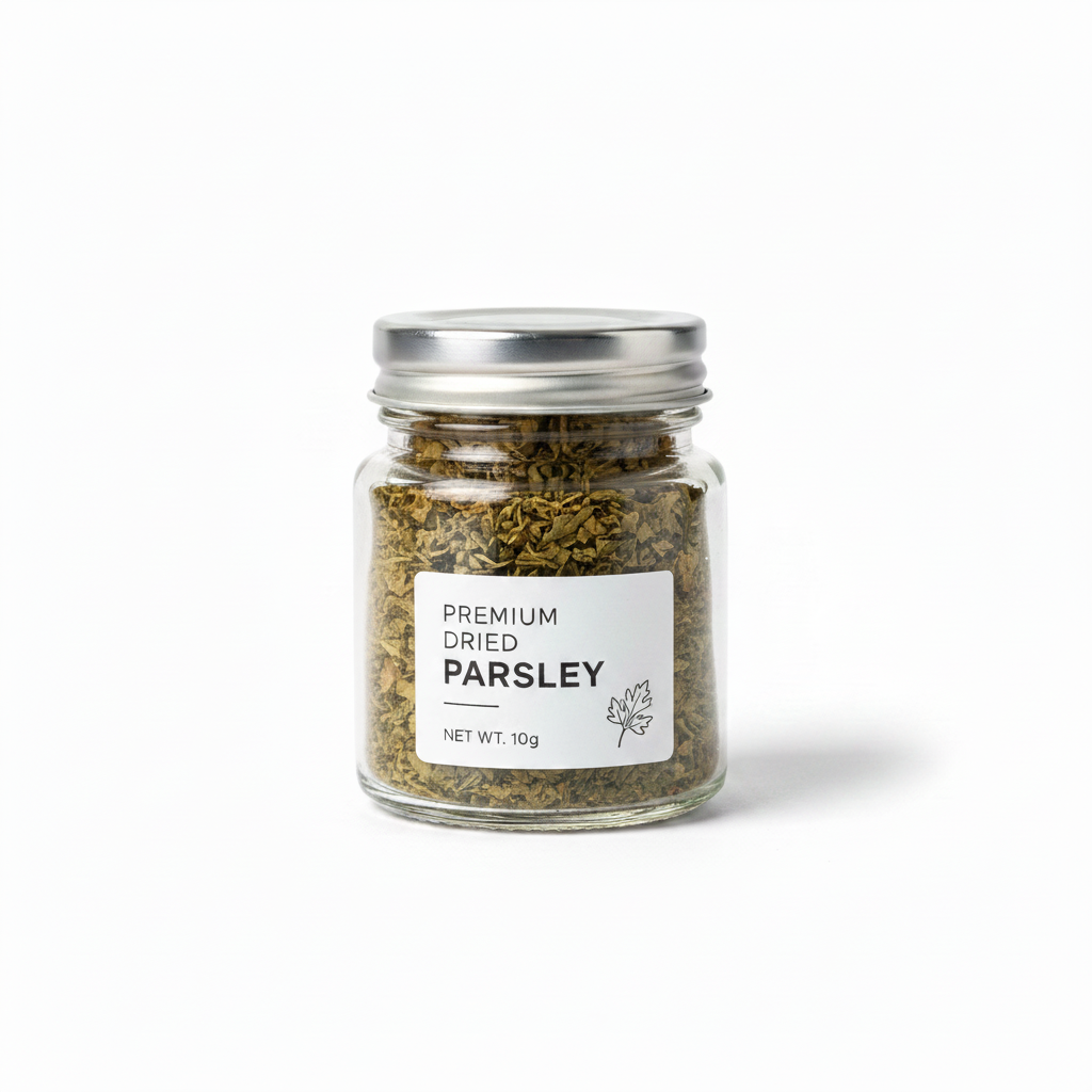 Container of dried parsley with a label on a white background
