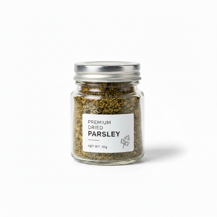 Container of dried parsley with a label on a white background
