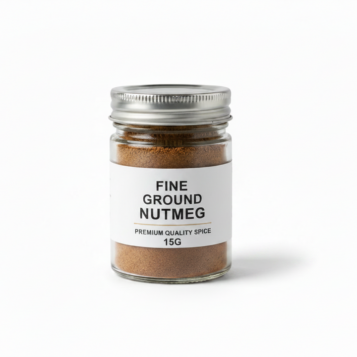 A jarof fine nutmeg powder with a silver lid on a plain background.