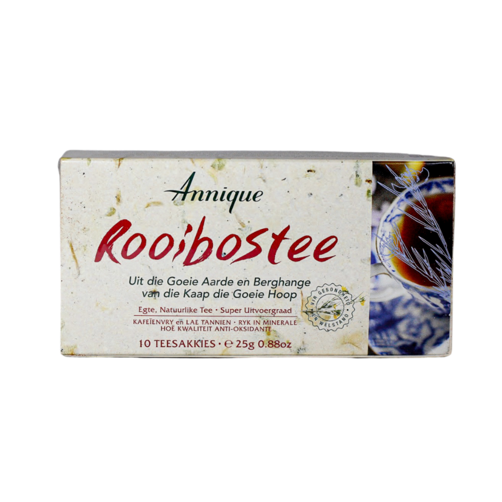 Packaging of Annique Rooibos Teabags with product information and a tea bag visible in the foreground.