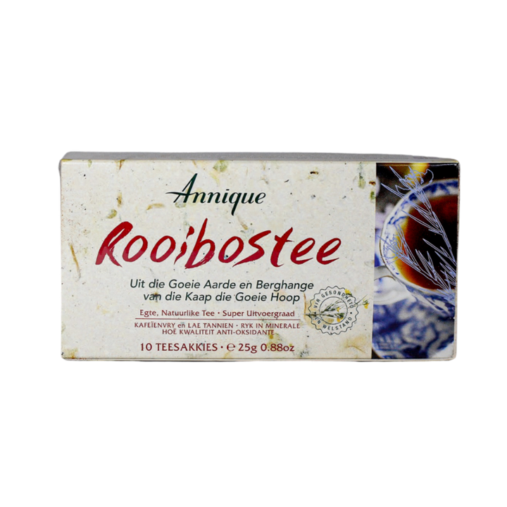 Packaging of Annique Rooibos Teabags with product information and a tea bag visible in the foreground.
