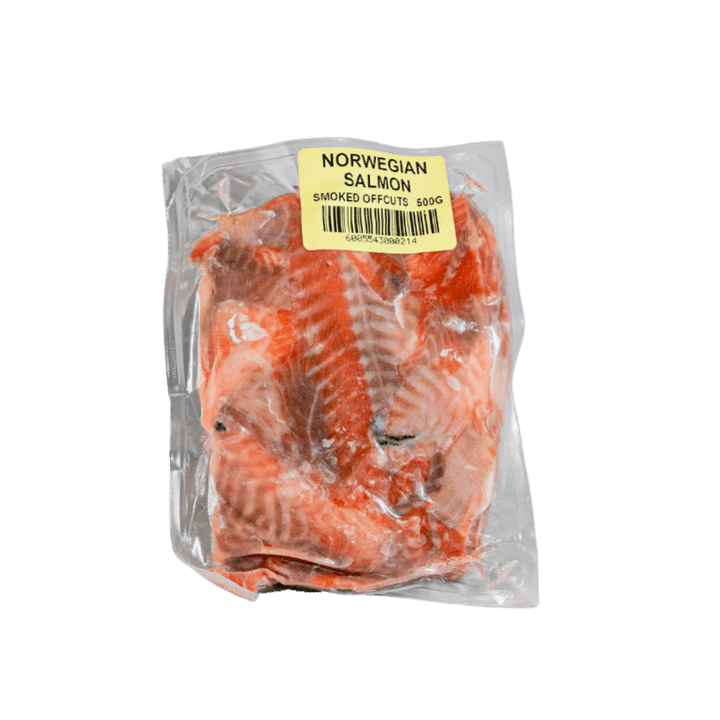 Packaged Norwegian salmon with a label on a green background