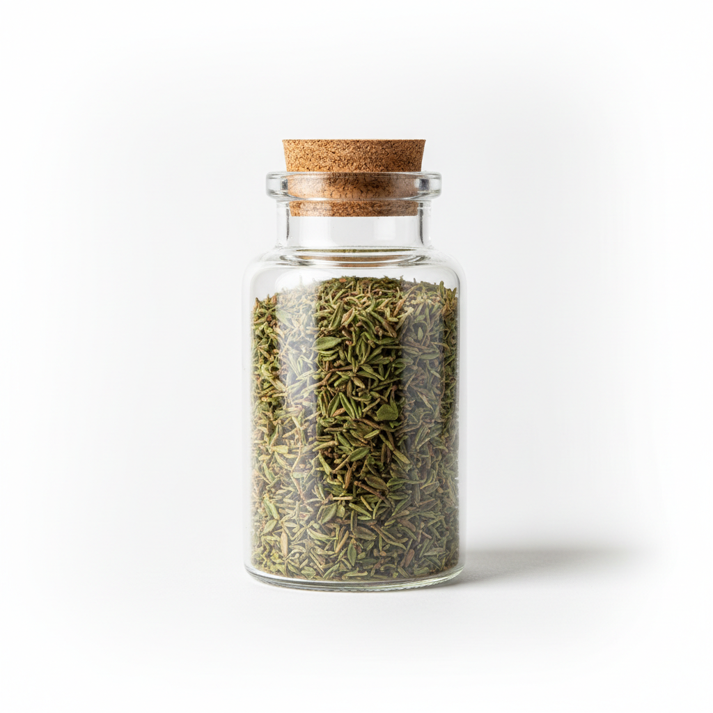 Container of thyme with a label on a transparent background