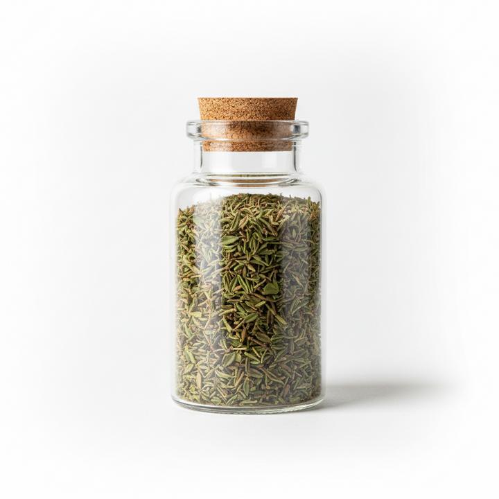 Container of thyme with a label on a transparent background