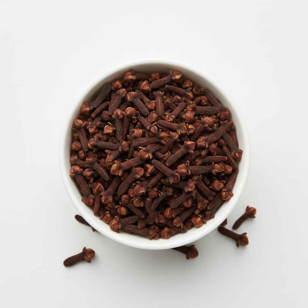 whole cloves in a bowl with a plain background